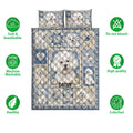 Bichon Frise quilt bedding set shown with blue floral artwork and product feature icons
