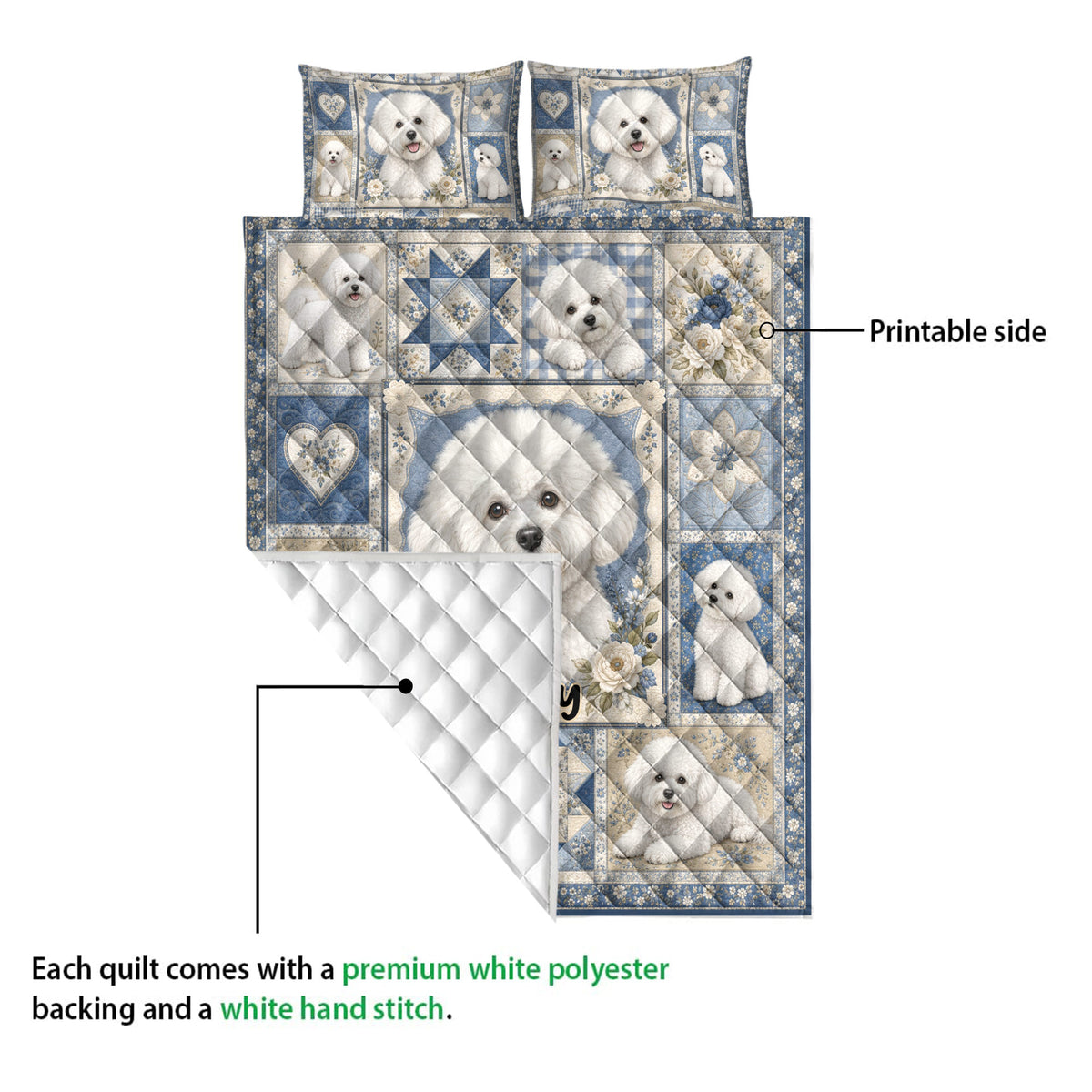 Bichon Frise quilt blanket showing the printed front, quilted backing, and floral dog design