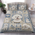 Bichon Frise quilt bedding displayed in a bright bedroom with blue floral dog artwork
