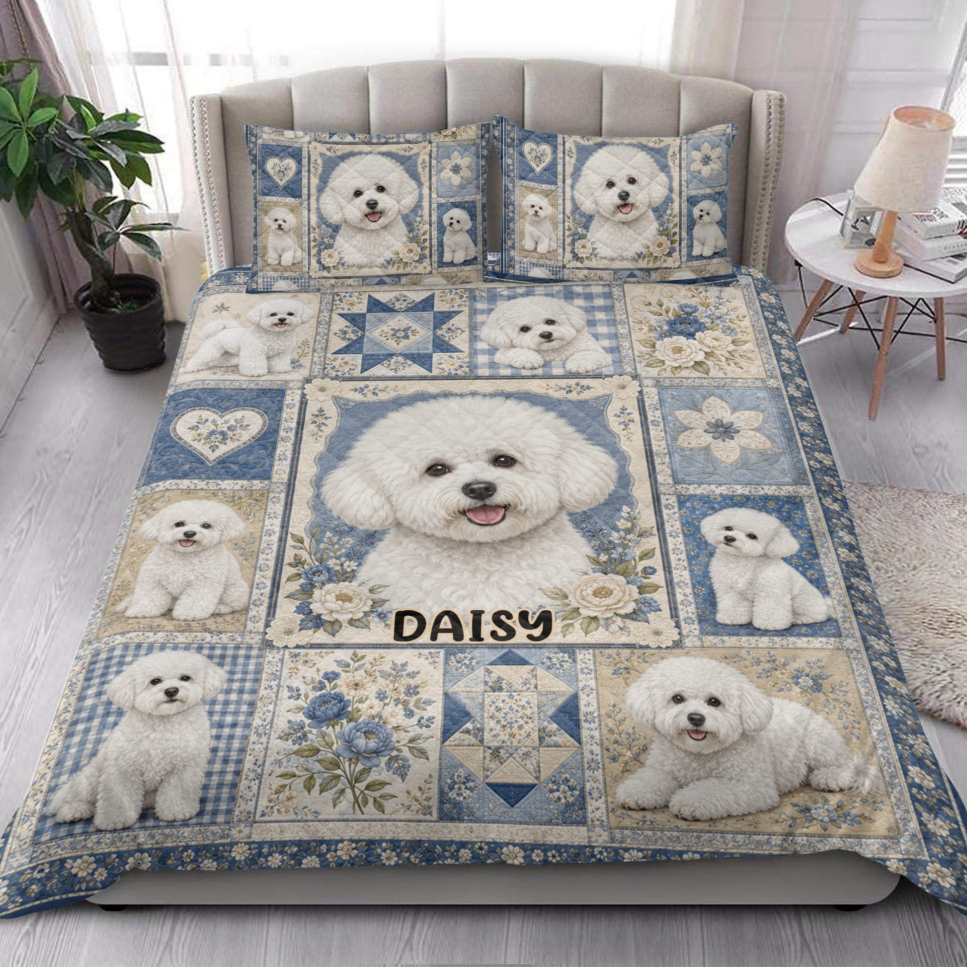 Bichon Frise quilt bedding displayed in a bright bedroom with blue floral dog artwork