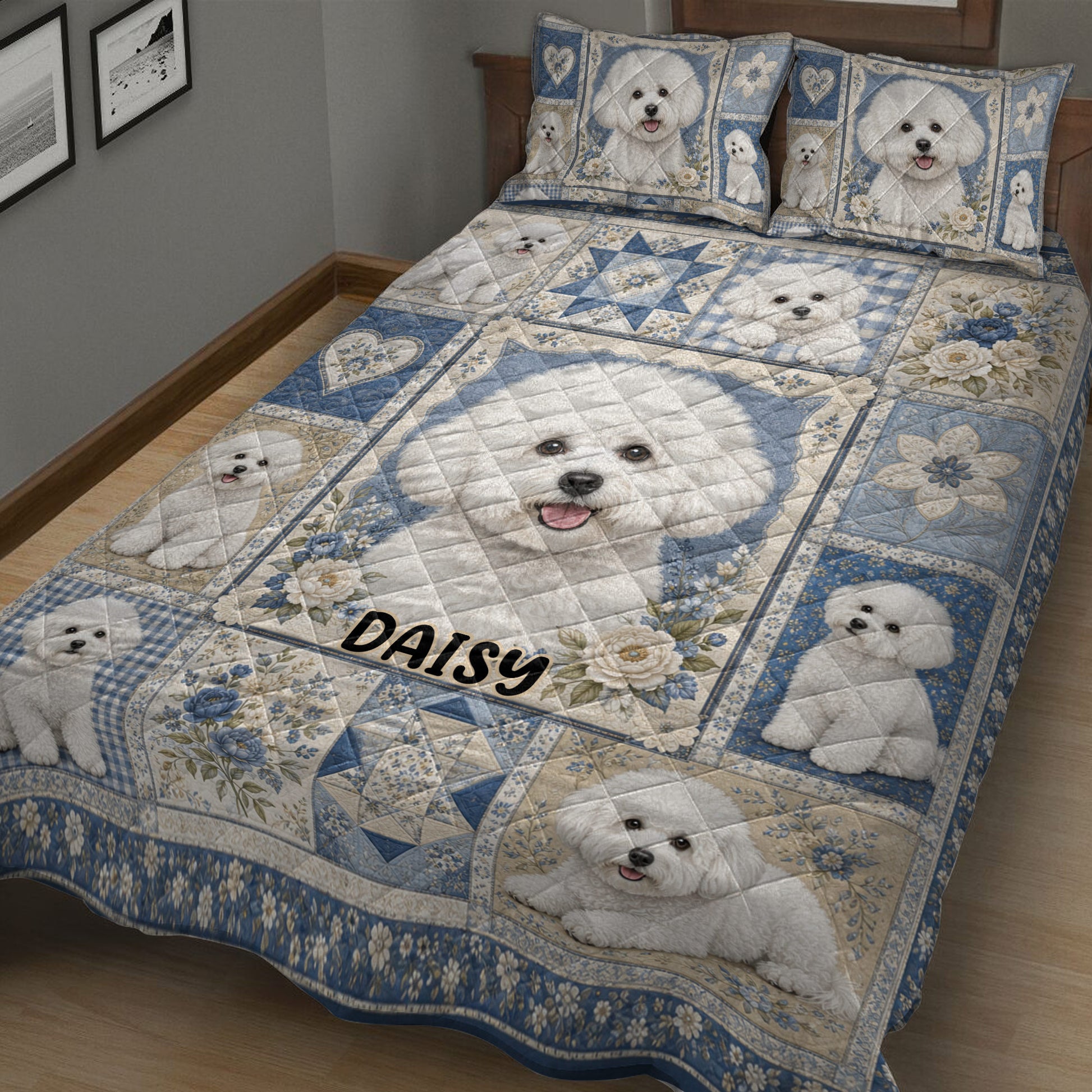 Bichon Frise quilt blanket styled on a bed with repeated white dog portraits and flowers