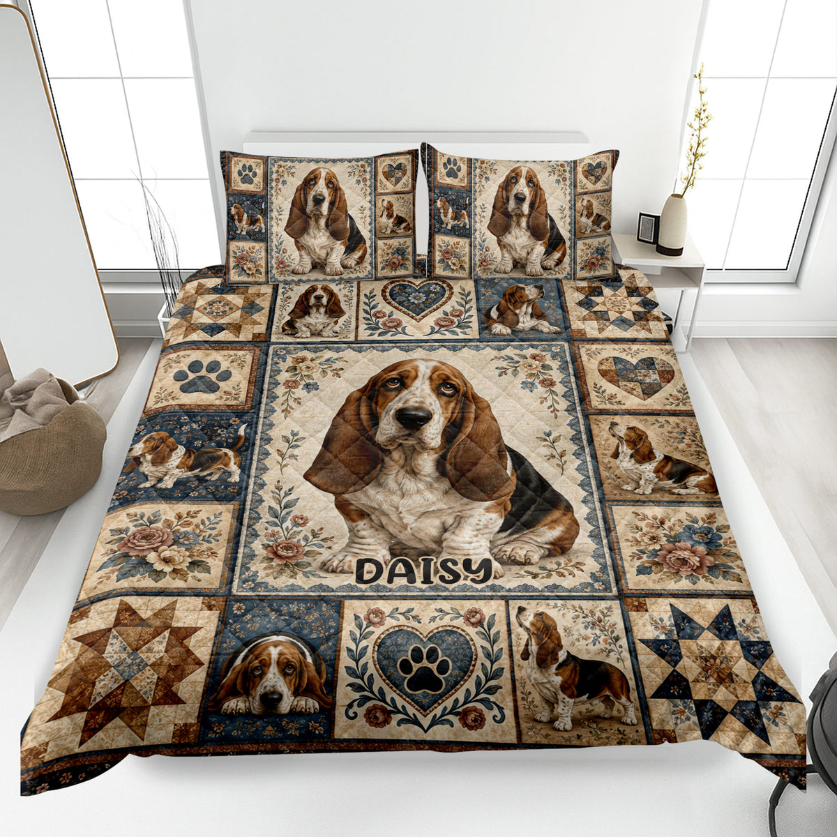 Basset Hound quilt blanket displayed on a bed with floral panels, paw prints, hearts, and rustic blue accents