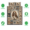 Basset Hound quilt blanket shown with feature icons highlighting a soft, breathable, washable, high-quality design