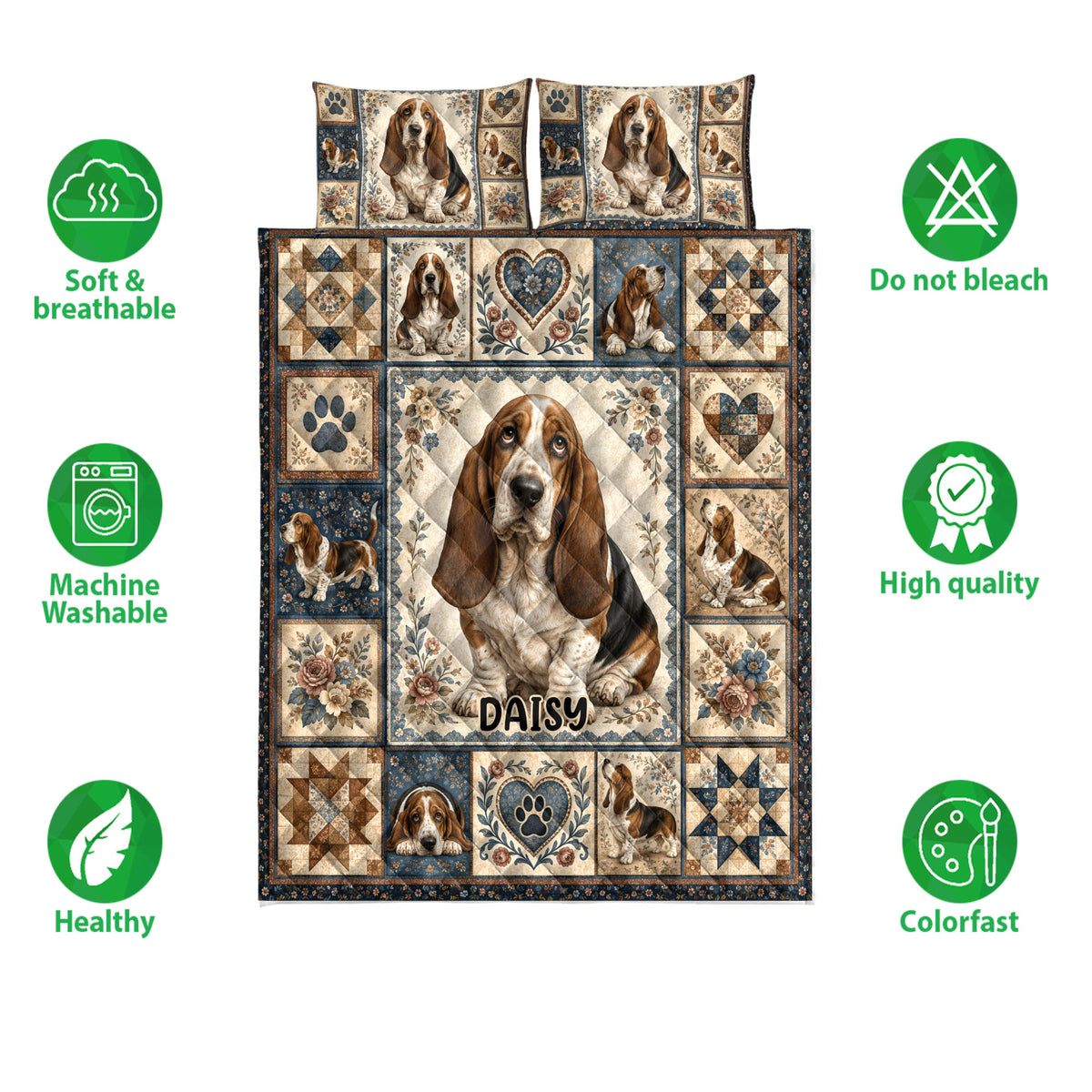 Basset Hound quilt blanket shown with feature icons highlighting a soft, breathable, washable, high-quality design