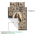 Basset Hound quilt blanket showing the printed front and white quilted backing with hand-stitched detailing