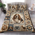 Basset Hound quilt blanket styled in a bright bedroom with matching dog artwork and floral patchwork panels