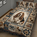 Rustic Basset Hound quilt blanket displayed across a bed with floral borders, paw prints, hearts, and dog portraits