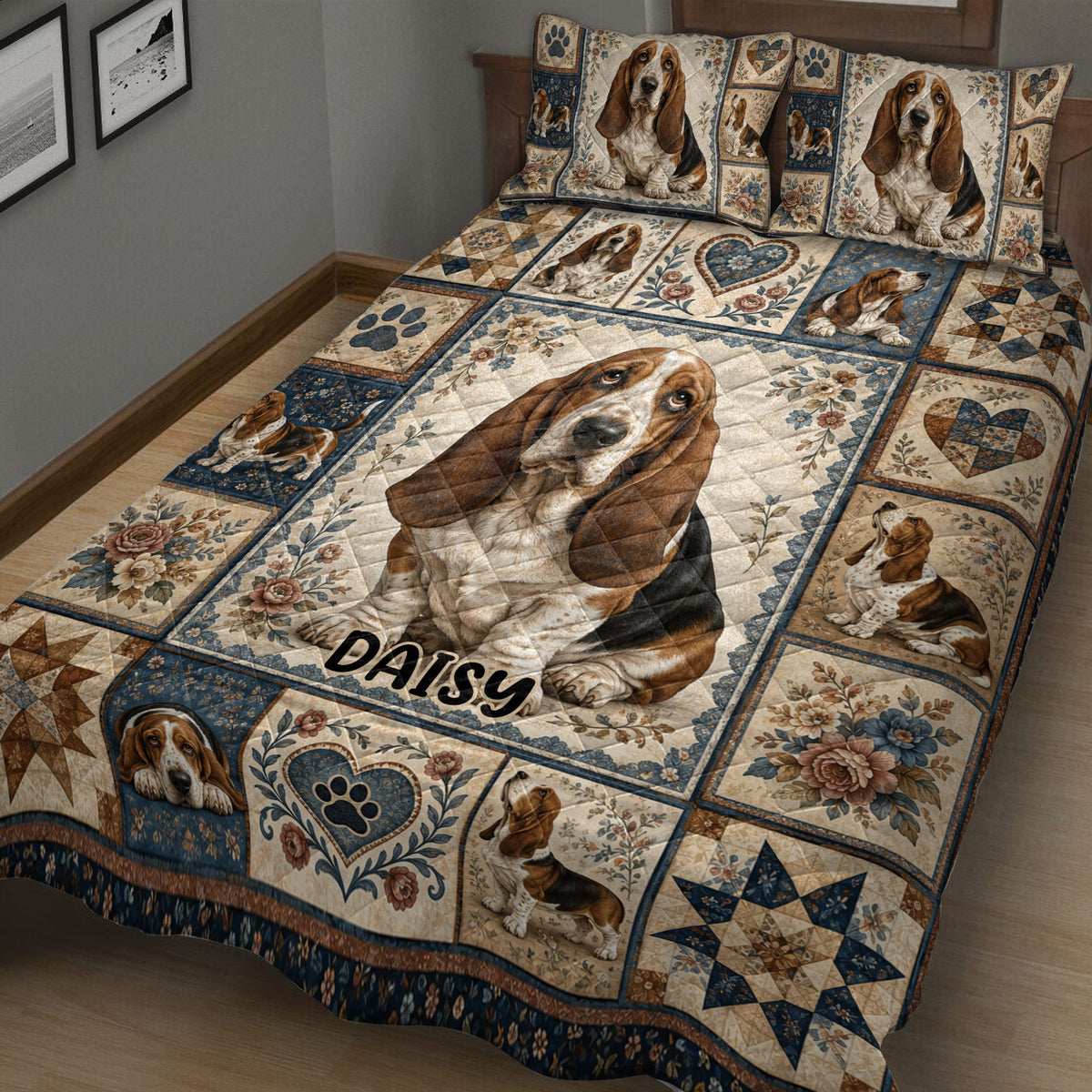 Rustic Basset Hound quilt blanket displayed across a bed with floral borders, paw prints, hearts, and dog portraits