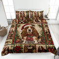 Basset Hound Christmas quilt blanket displayed on a bed with festive plaid, holly, gifts, and ornaments