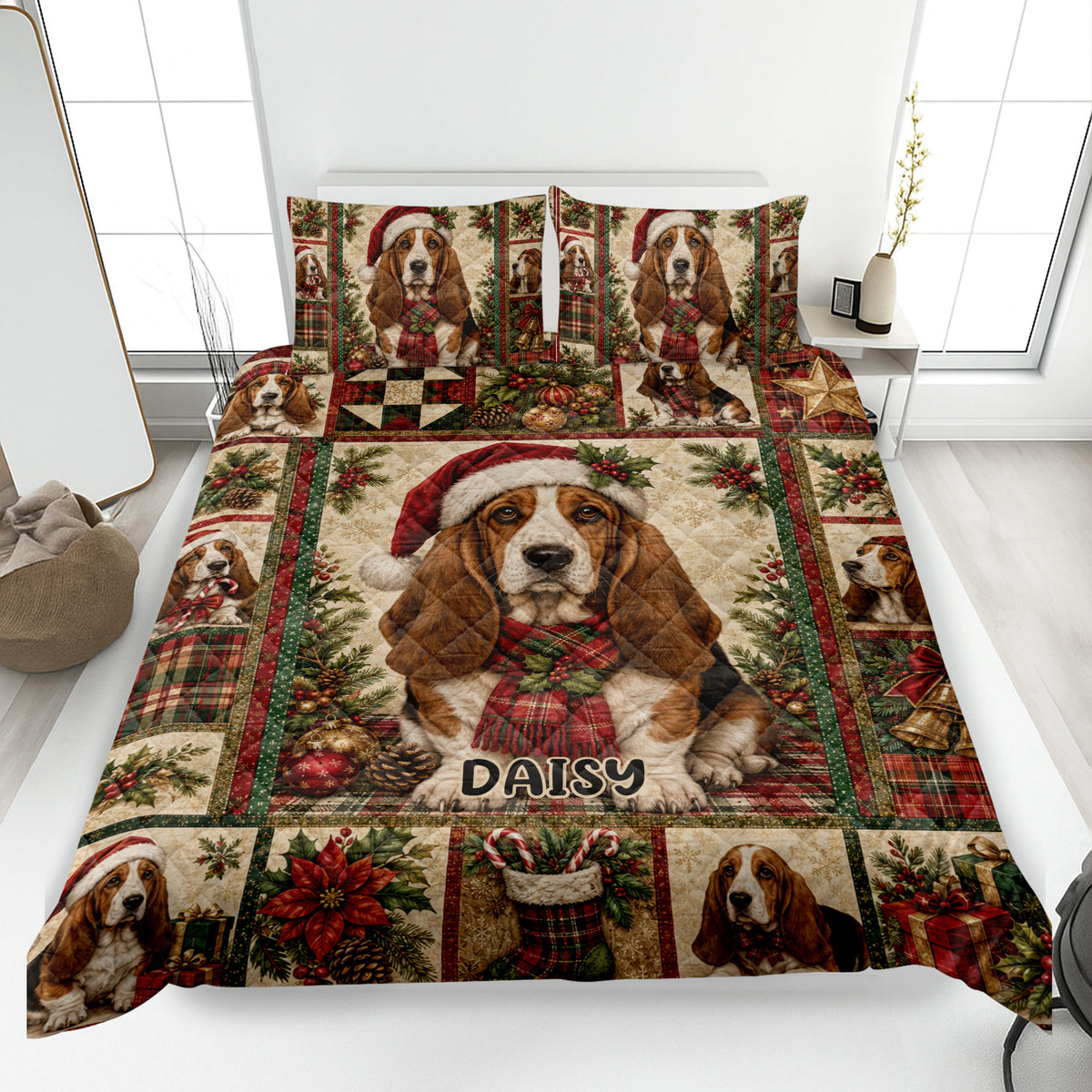 Basset Hound Christmas quilt blanket displayed on a bed with festive plaid, holly, gifts, and ornaments