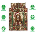 Basset Hound Christmas quilt bedding set shown with festive artwork and product feature icons