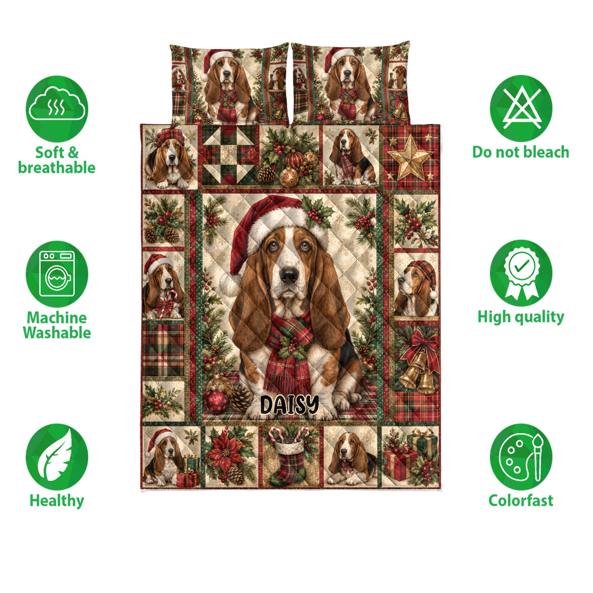 Basset Hound Christmas quilt bedding set shown with festive artwork and product feature icons
