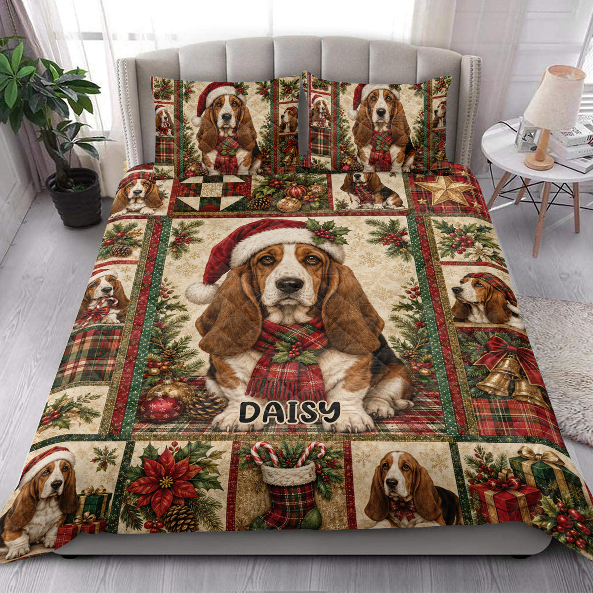 Basset Hound Christmas quilt blanket styled across a bright bedroom with festive holiday artwork