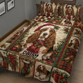 Close bedroom view of a Basset Hound Christmas quilt with plaid, holly, ornaments, and gift motifs
