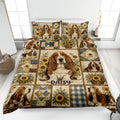 Basset hound quilt blanket displayed on a bed with sunflower bouquets, patchwork blocks, and coordinating pillows