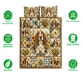 Basset hound quilt bedding set shown with sunflower patchwork artwork and product feature icons
