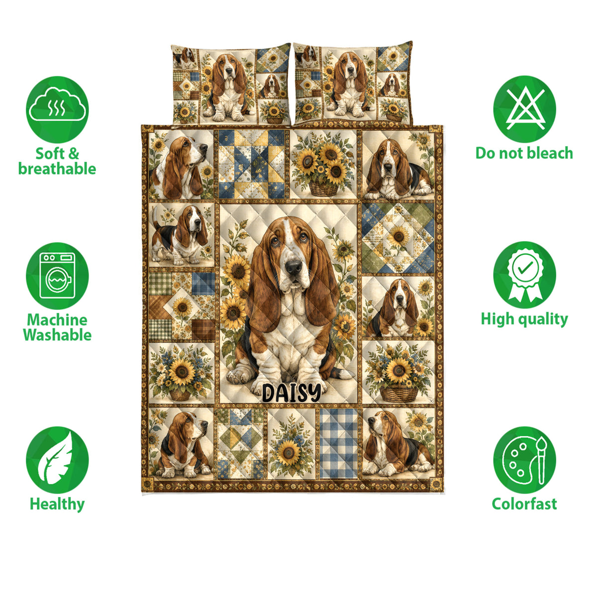 Basset hound quilt bedding set shown with sunflower patchwork artwork and product feature icons