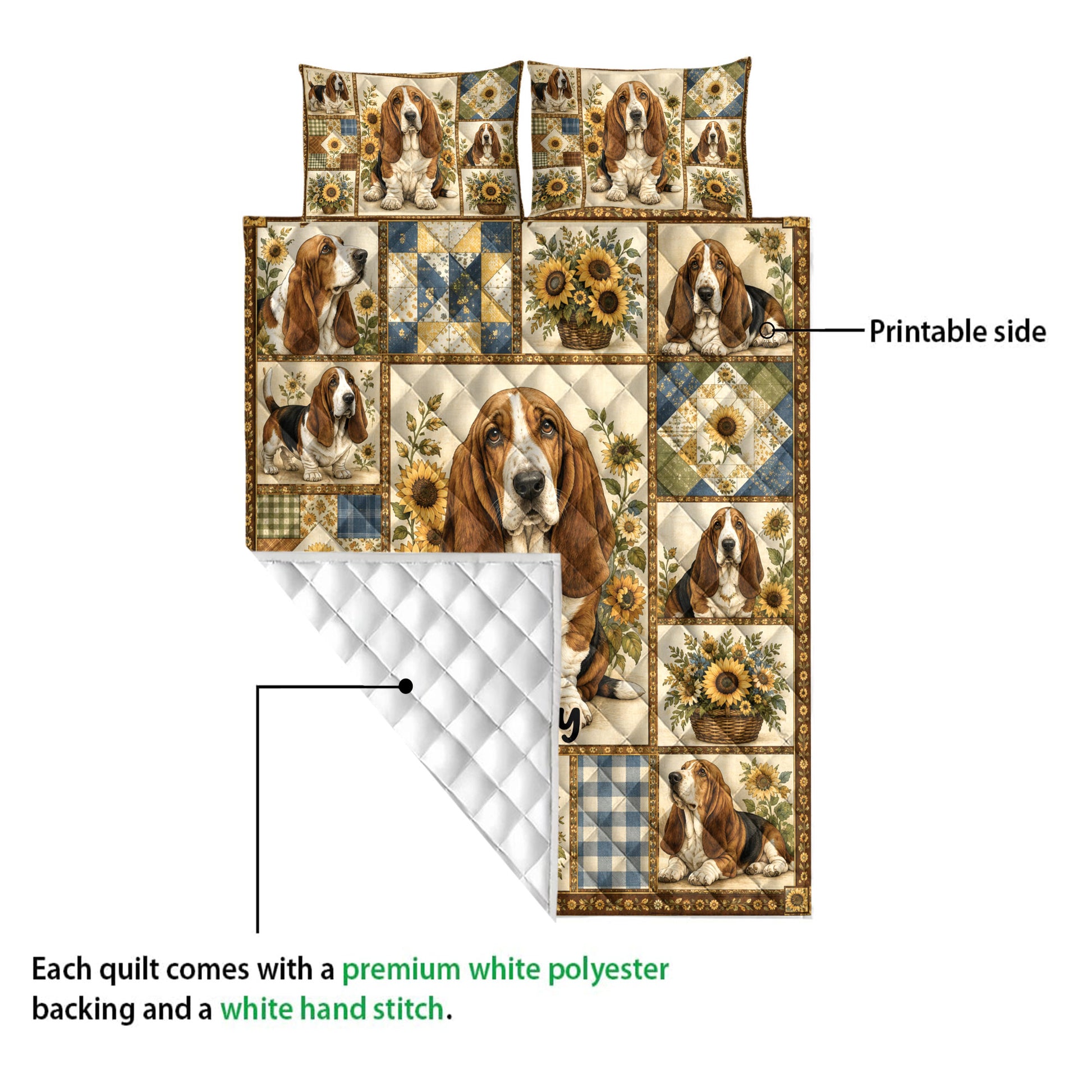 Basset hound quilt blanket showing the printed front, white quilted backing, and stitched construction