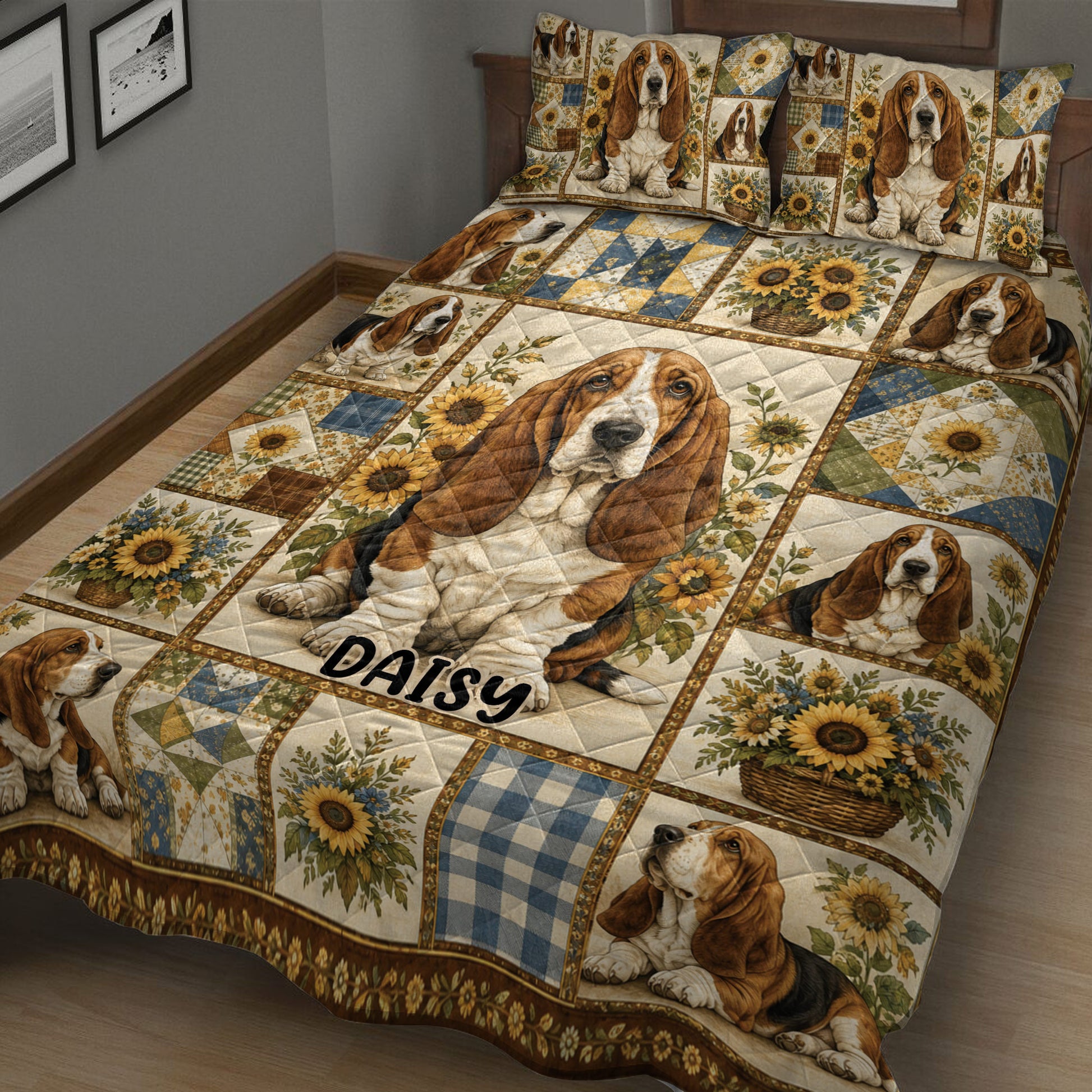 Basset hound quilt bedding displayed in a bedroom with repeated dog portraits, sunflowers, and rustic patchwork