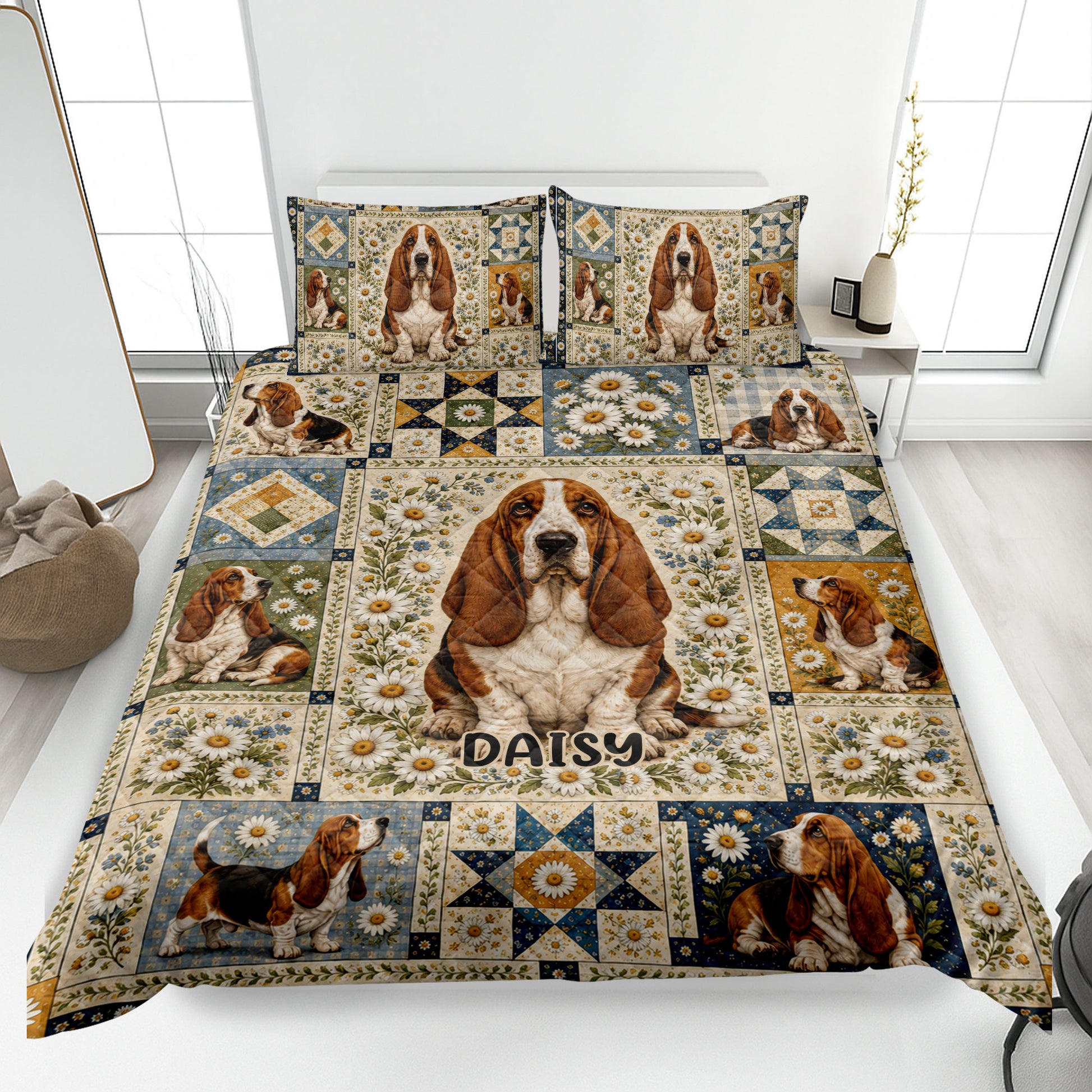 Basset Hound quilt blanket displayed on a bed with daisies, patchwork blocks, and dog artwork