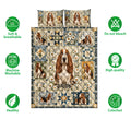 Basset Hound quilt bedding set shown with daisy patchwork design and product feature icons
