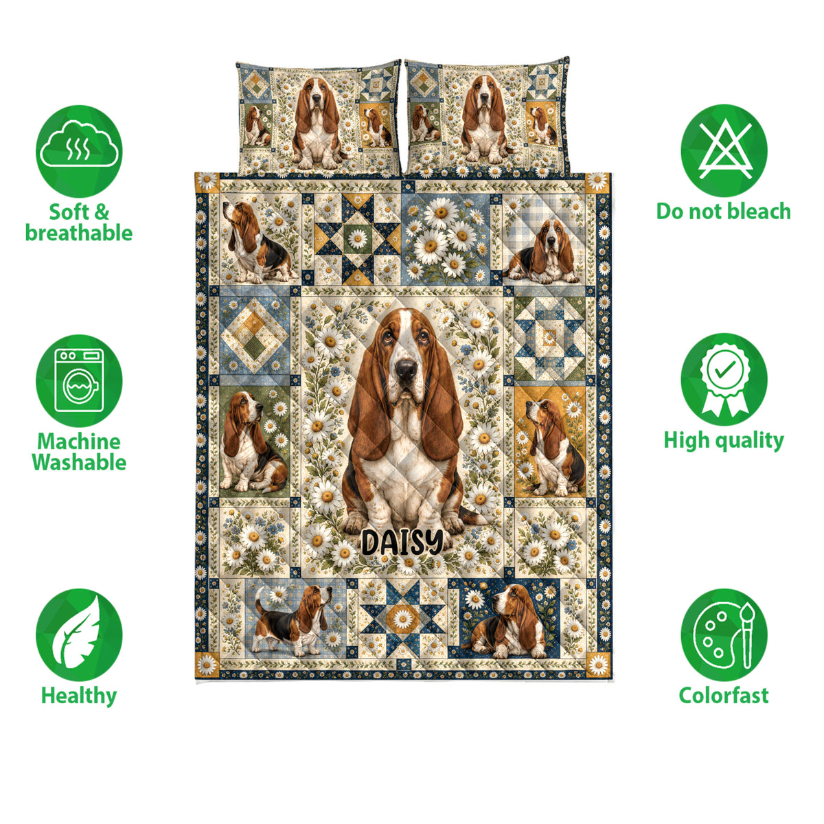 Basset Hound quilt bedding set shown with daisy patchwork design and product feature icons