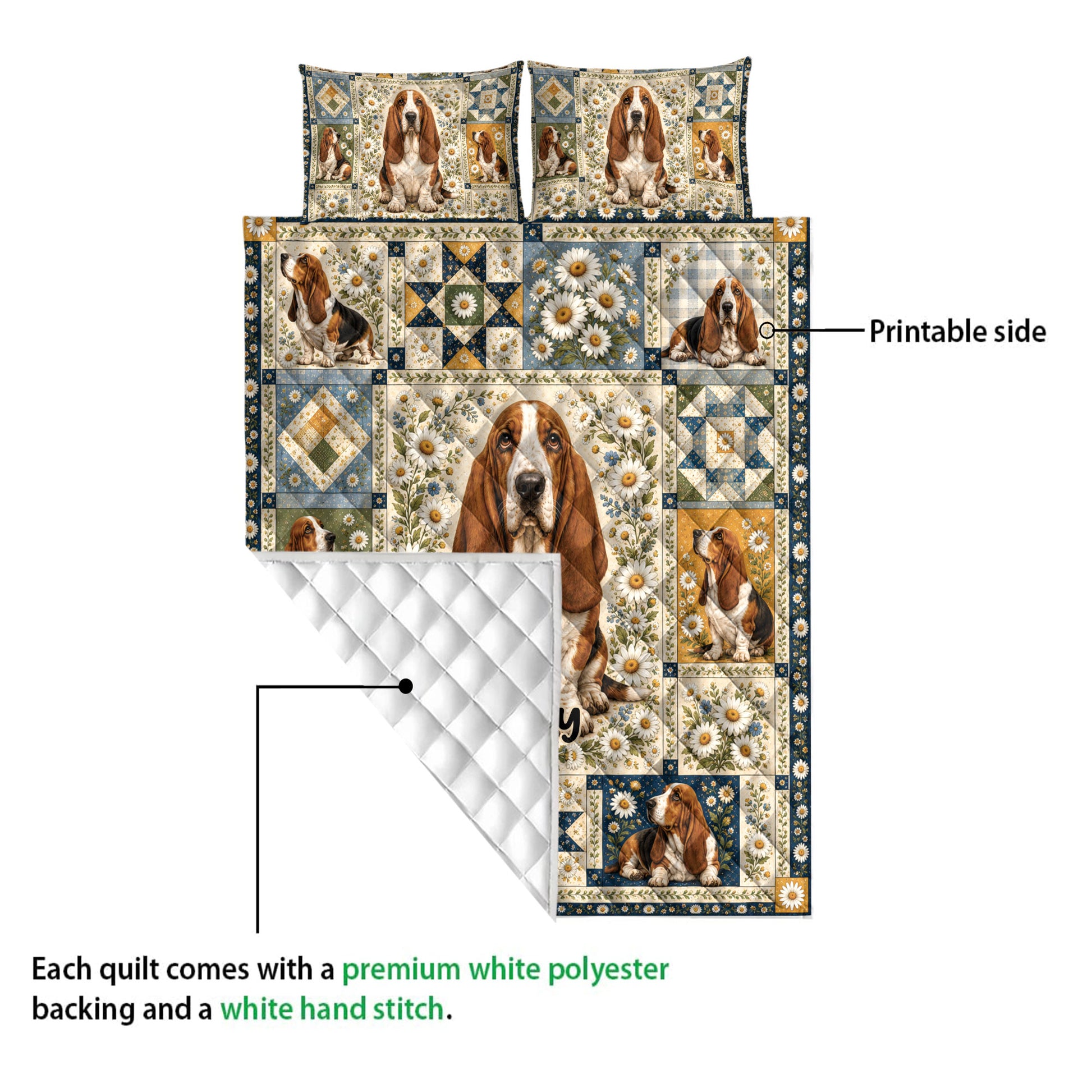 Basset Hound quilt blanket showing the printed front and white quilted backing detail