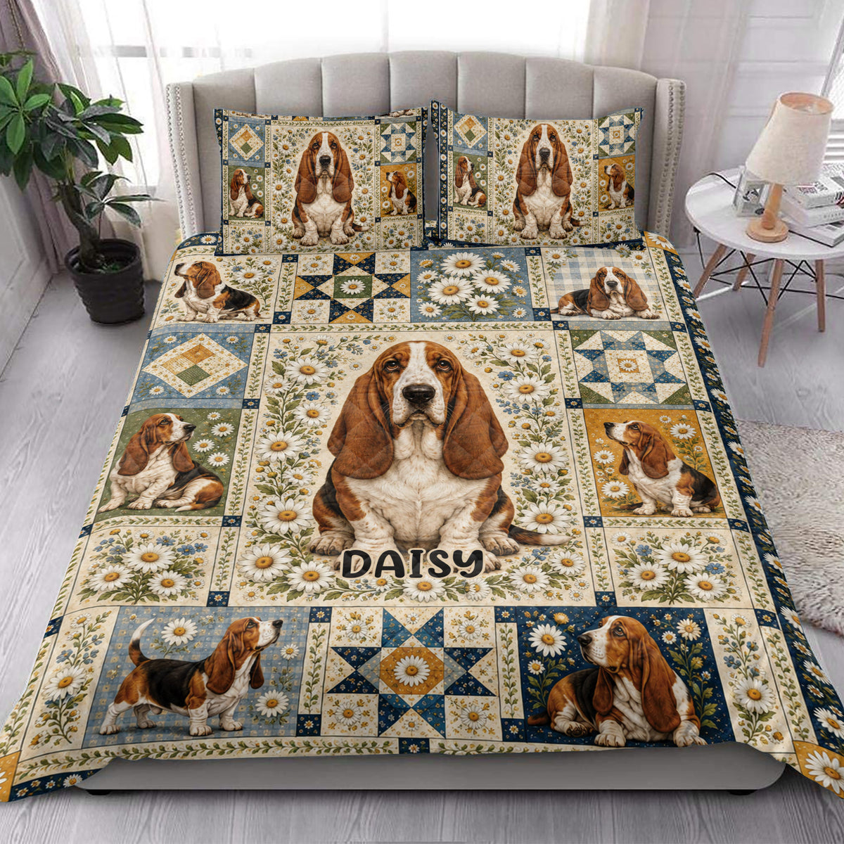 Basset Hound quilt blanket styled on a bedroom bed with floral patchwork artwork