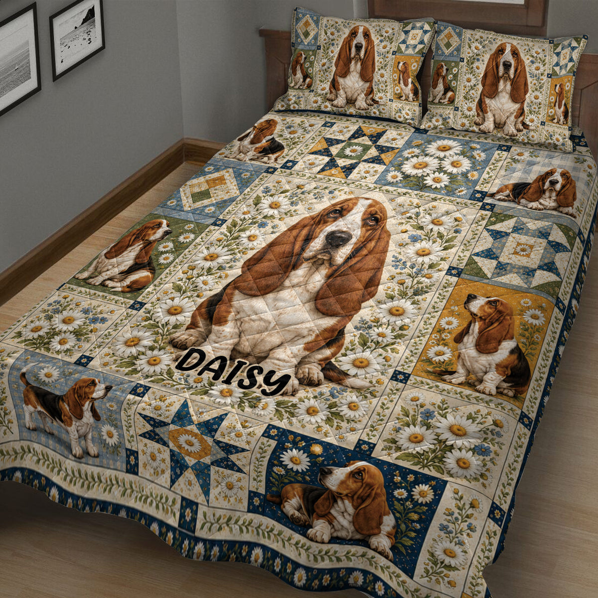 Close bedroom view of basset hound quilt blanket with daisies, patchwork blocks, and dog portraits