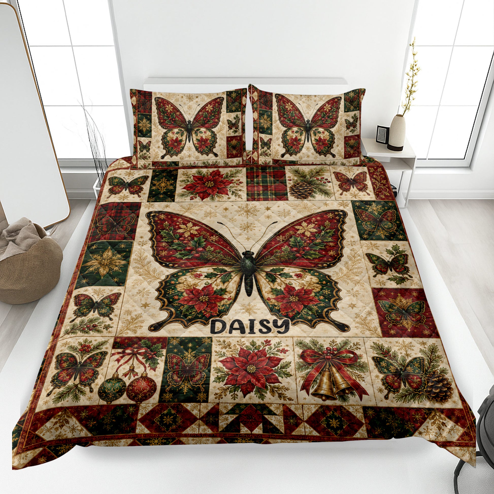 Butterfly quilt blanket displayed on a bed with red, green, and cream Christmas floral artwork