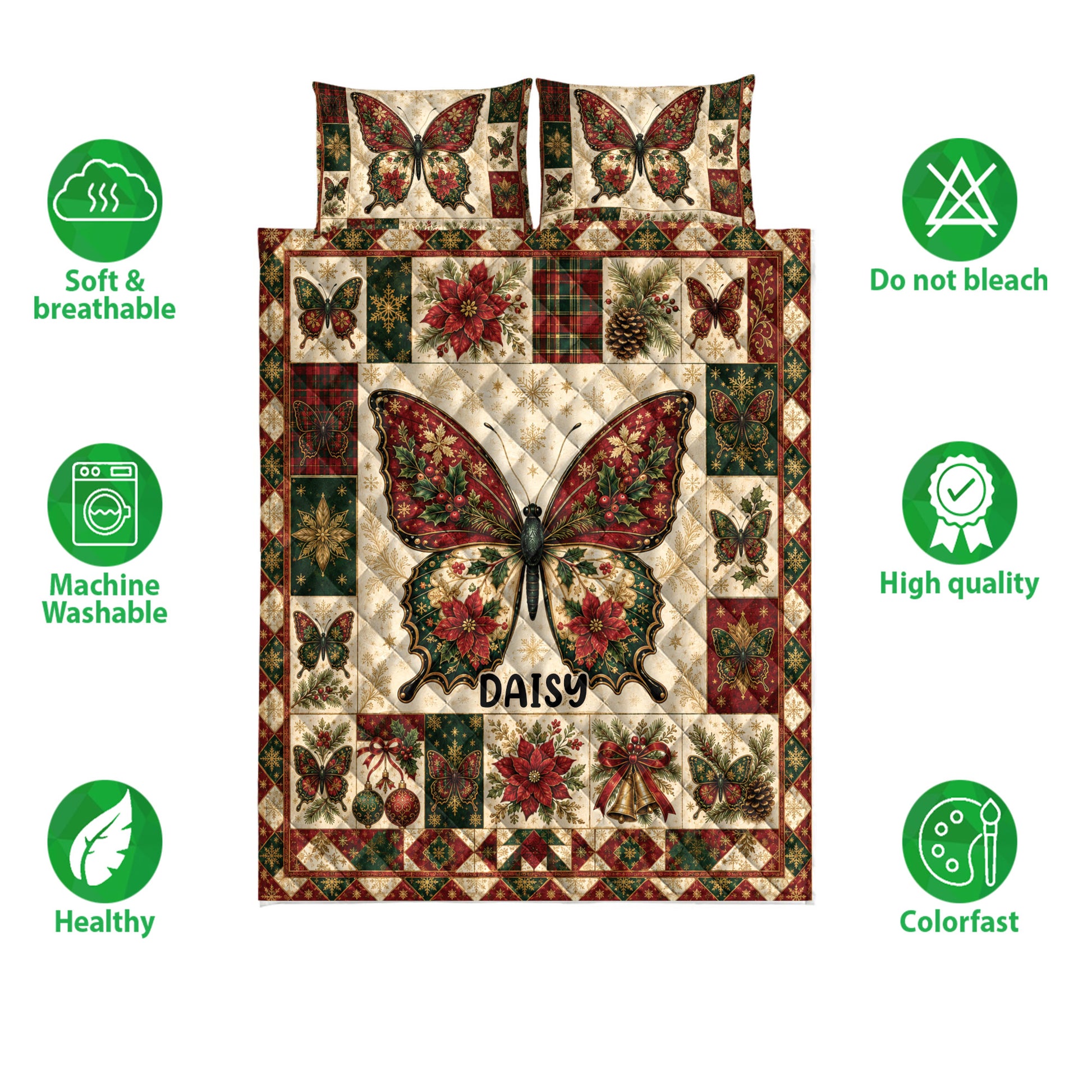 Butterfly quilt bedding set shown with soft breathable fabric and vibrant holiday artwork