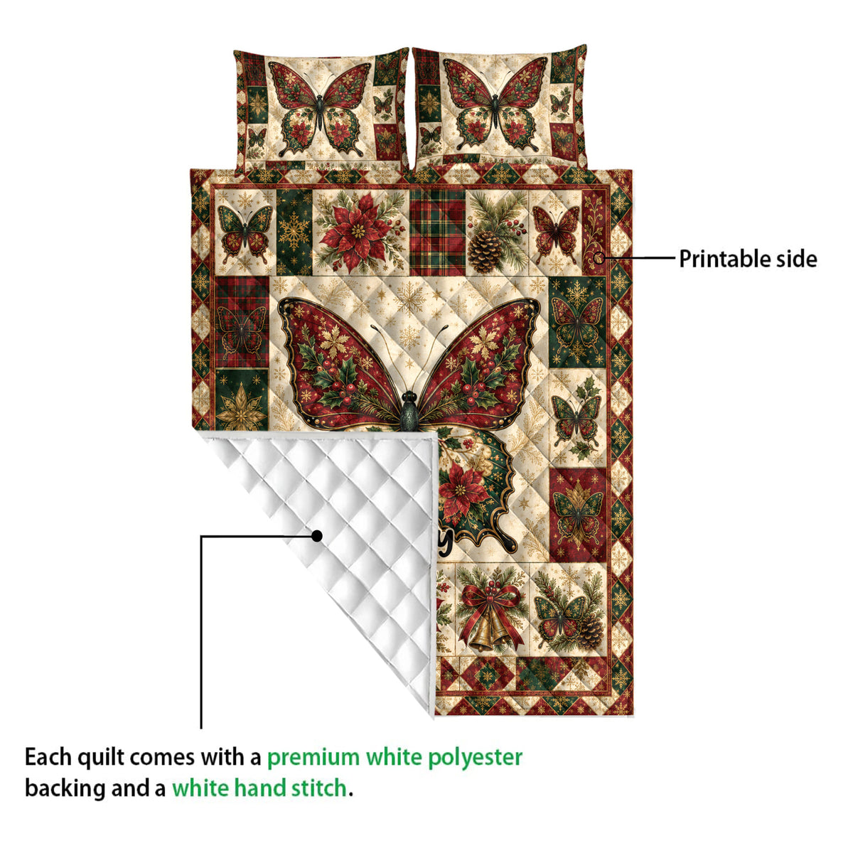 Butterfly quilt blanket detail showing the printed front and white quilted backing