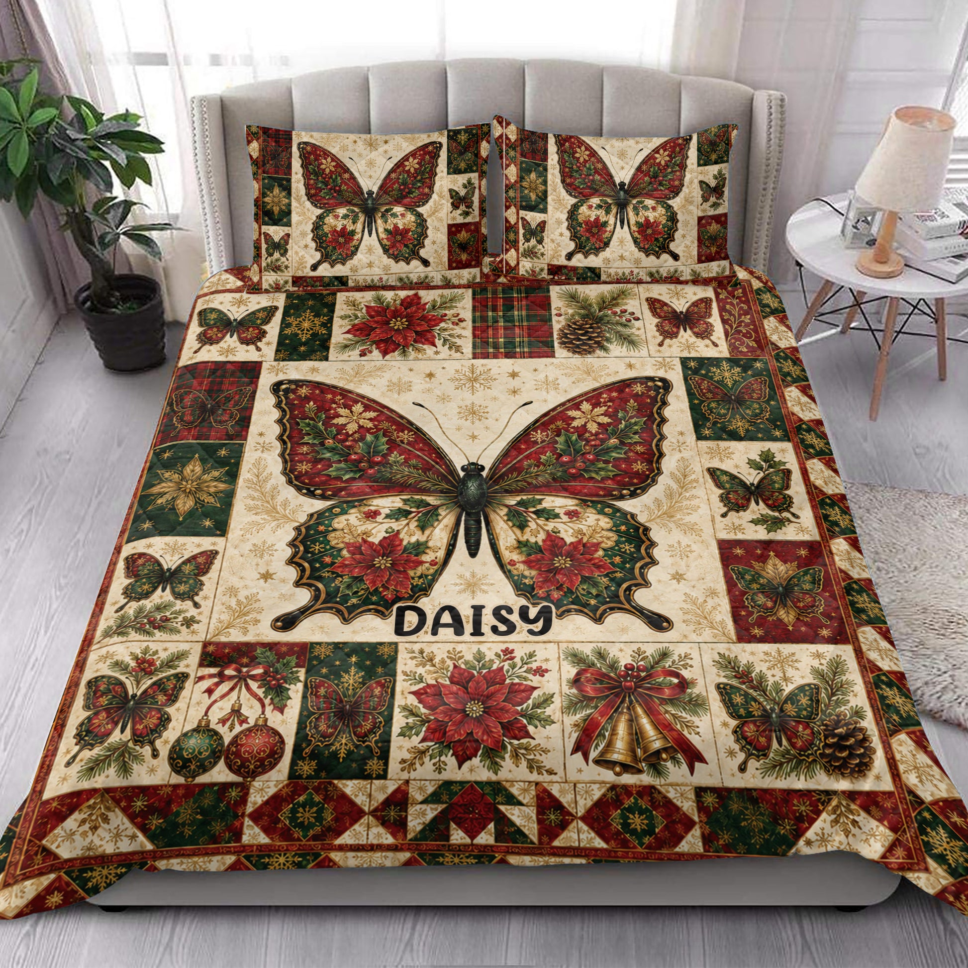 Butterfly quilt blanket styled in a bedroom with festive poinsettias, snowflakes, and holly
