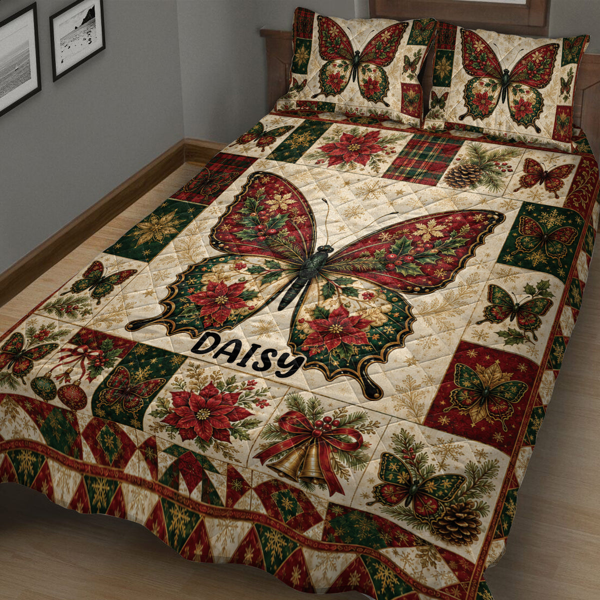 Close bedroom view of a butterfly quilt blanket with Christmas colors and floral holiday details