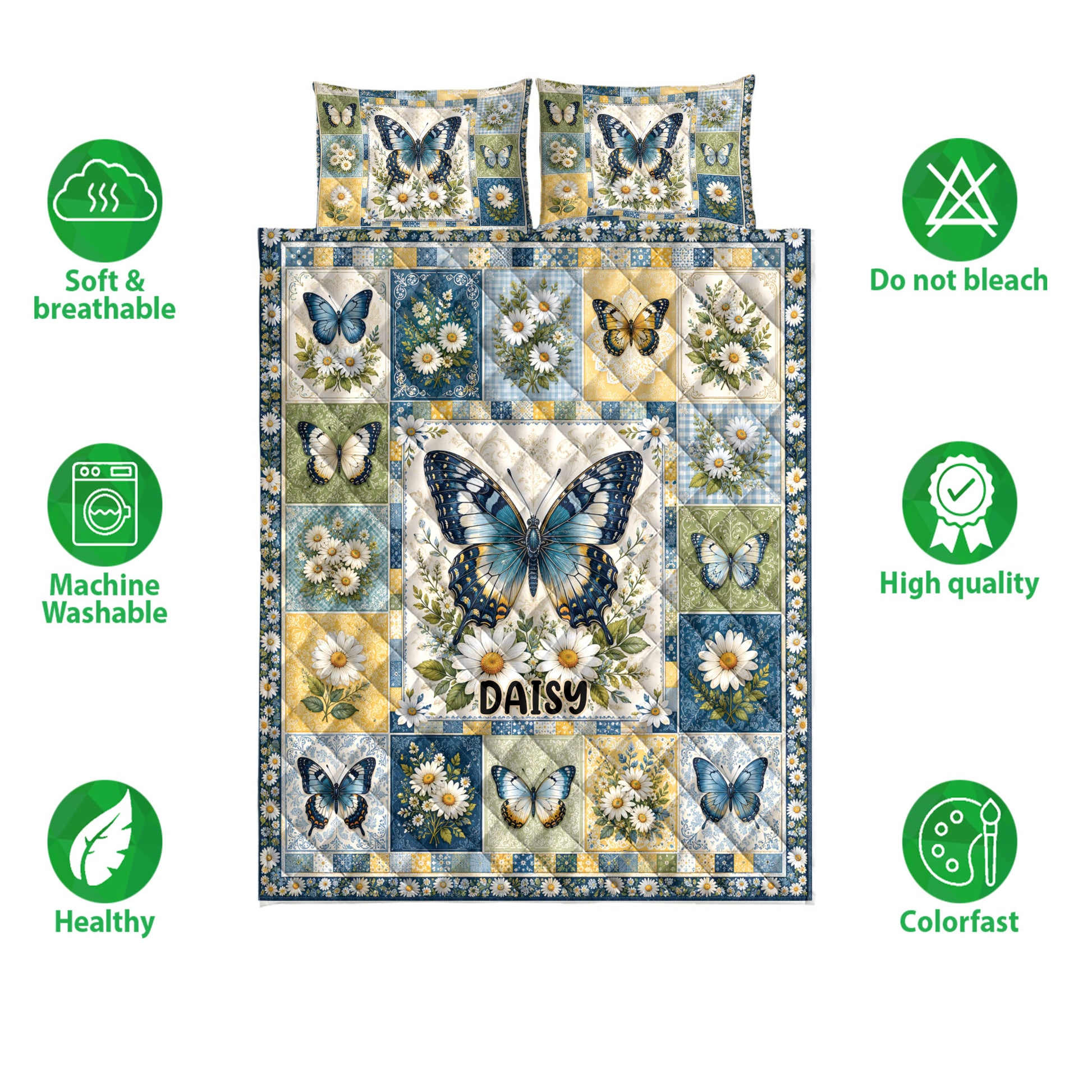 Butterfly quilt bedding set shown with daisy panels and soft breathable design feature icons