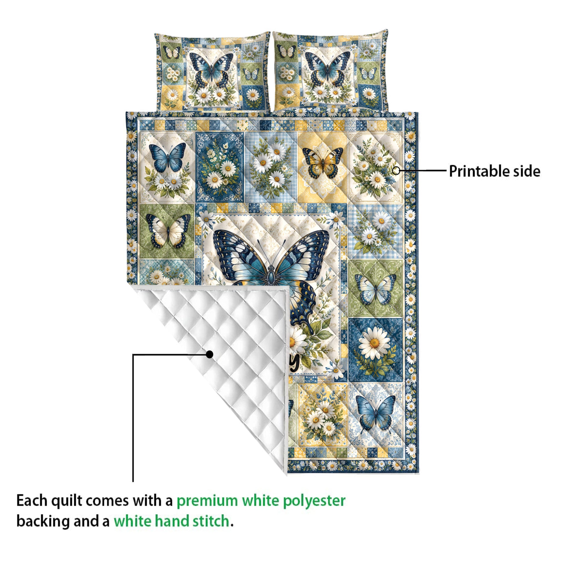 Butterfly quilt blanket showing the printed floral side and white quilted backing