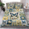 Butterfly quilt bedding set styled in a bright bedroom with blue and yellow floral artwork