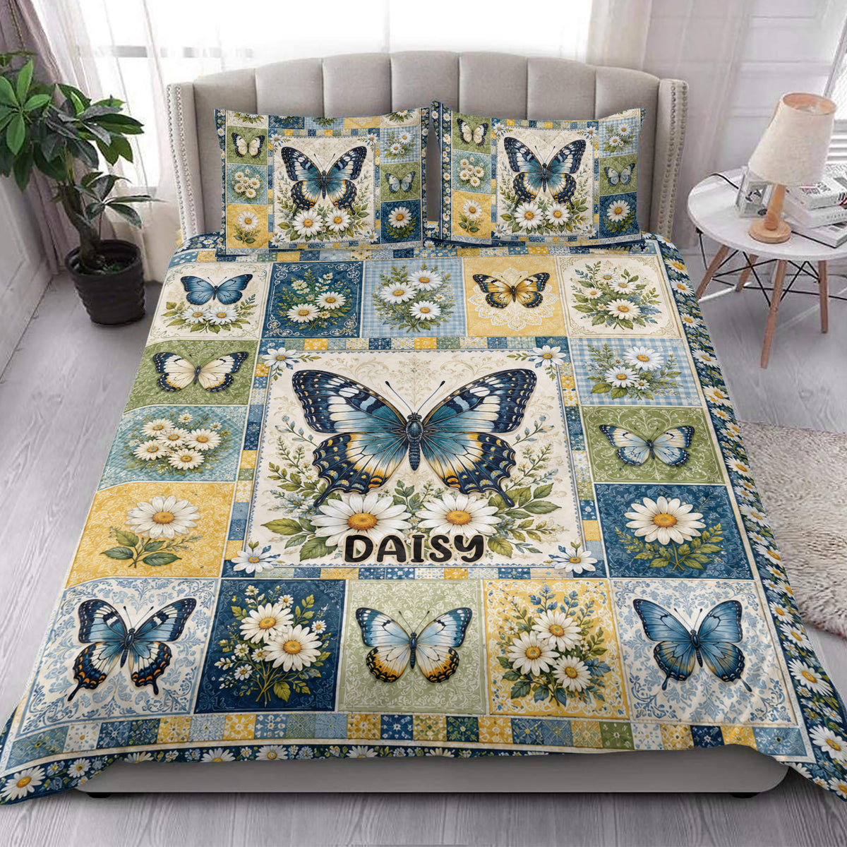 Butterfly quilt bedding set styled in a bright bedroom with blue and yellow floral artwork