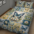 Butterfly and daisy quilt blanket arranged across a bedroom bed in vintage botanical colors