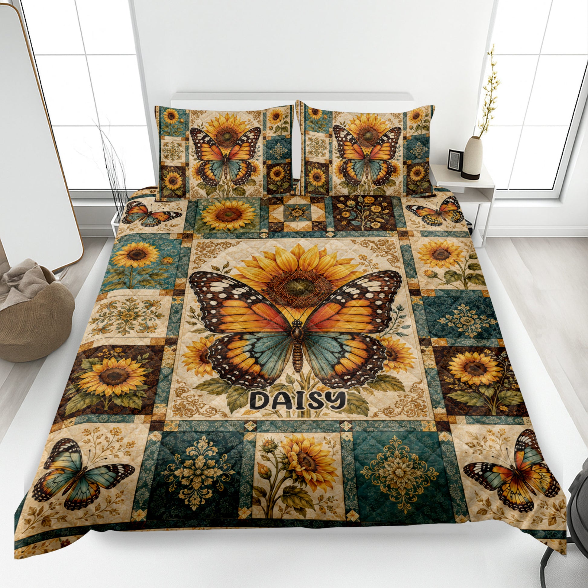 Butterfly quilt blanket displayed on a bed with sunflowers, teal accents, and vintage botanical patchwork