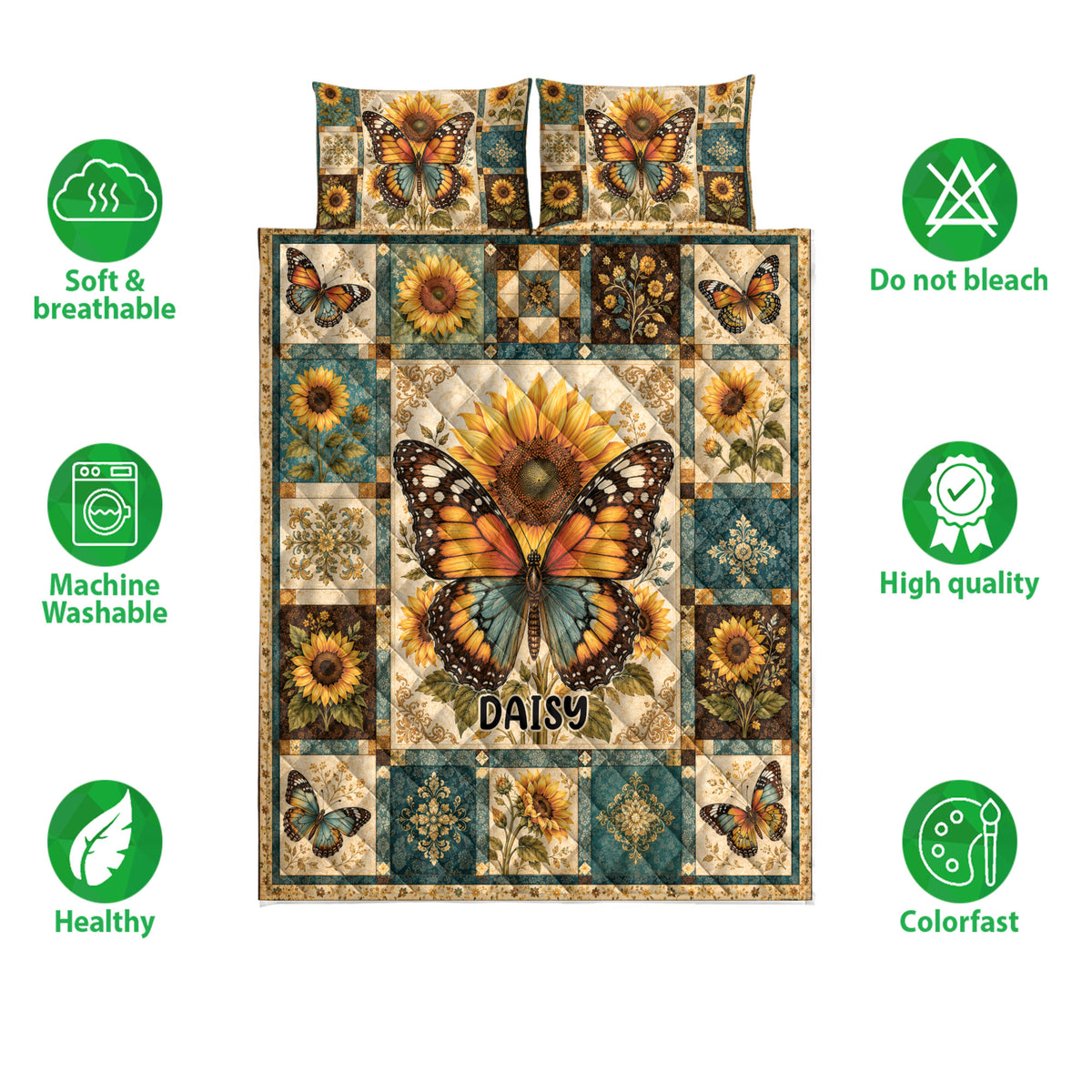 Butterfly and sunflower quilt bedding set shown front-facing with a vintage botanical patchwork design