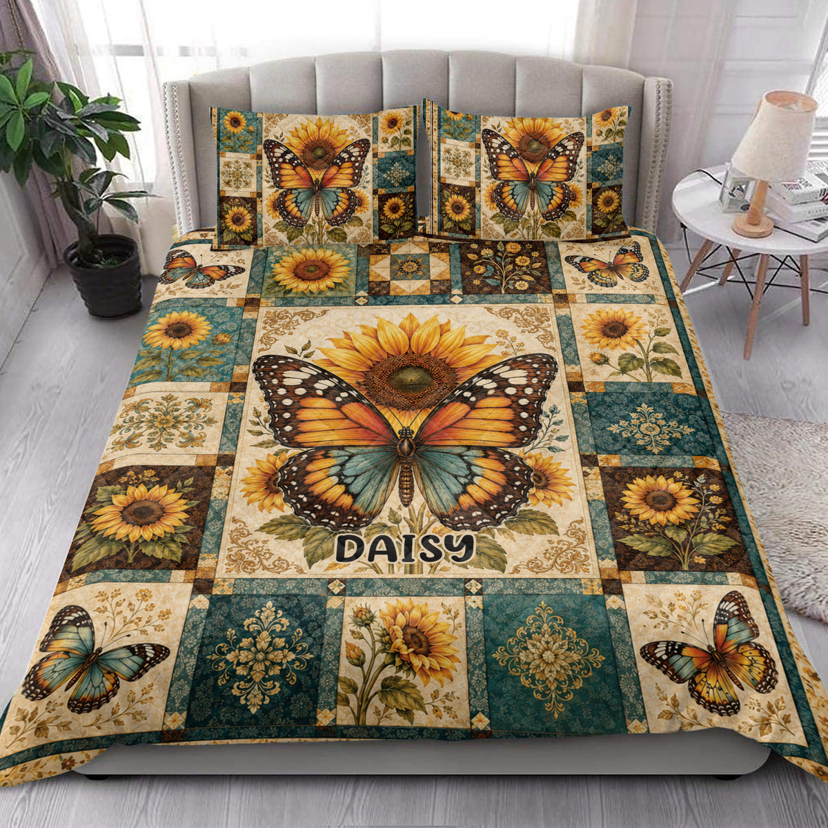 Butterfly and sunflower quilt bedding styled in a bright bedroom with coordinated botanical artwork