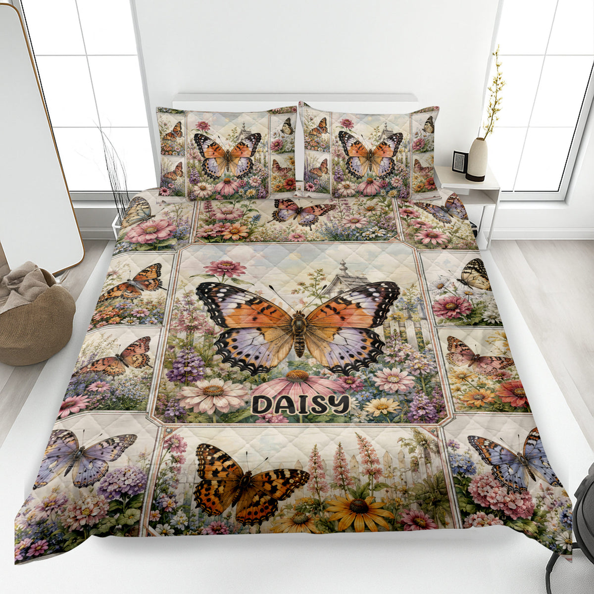 Butterfly quilt blanket spread on a bed with colorful flowers and detailed garden artwork