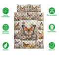 Butterfly quilt bedding set shown with floral artwork and product feature icons