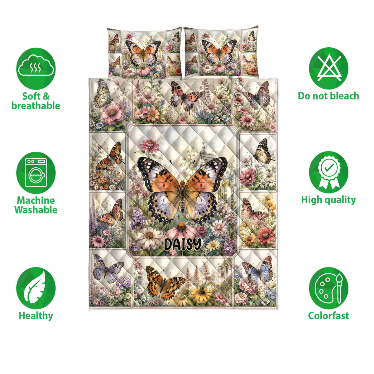 Butterfly quilt bedding set shown with floral artwork and product feature icons