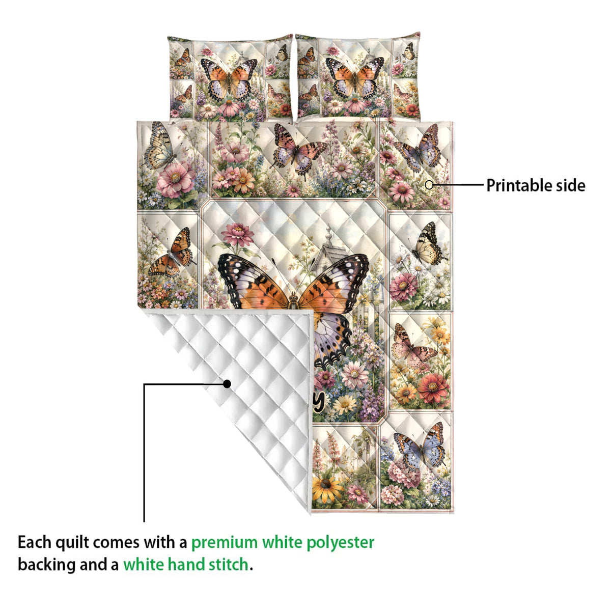 Butterfly quilt close-up showing the printed floral side and white quilted backing