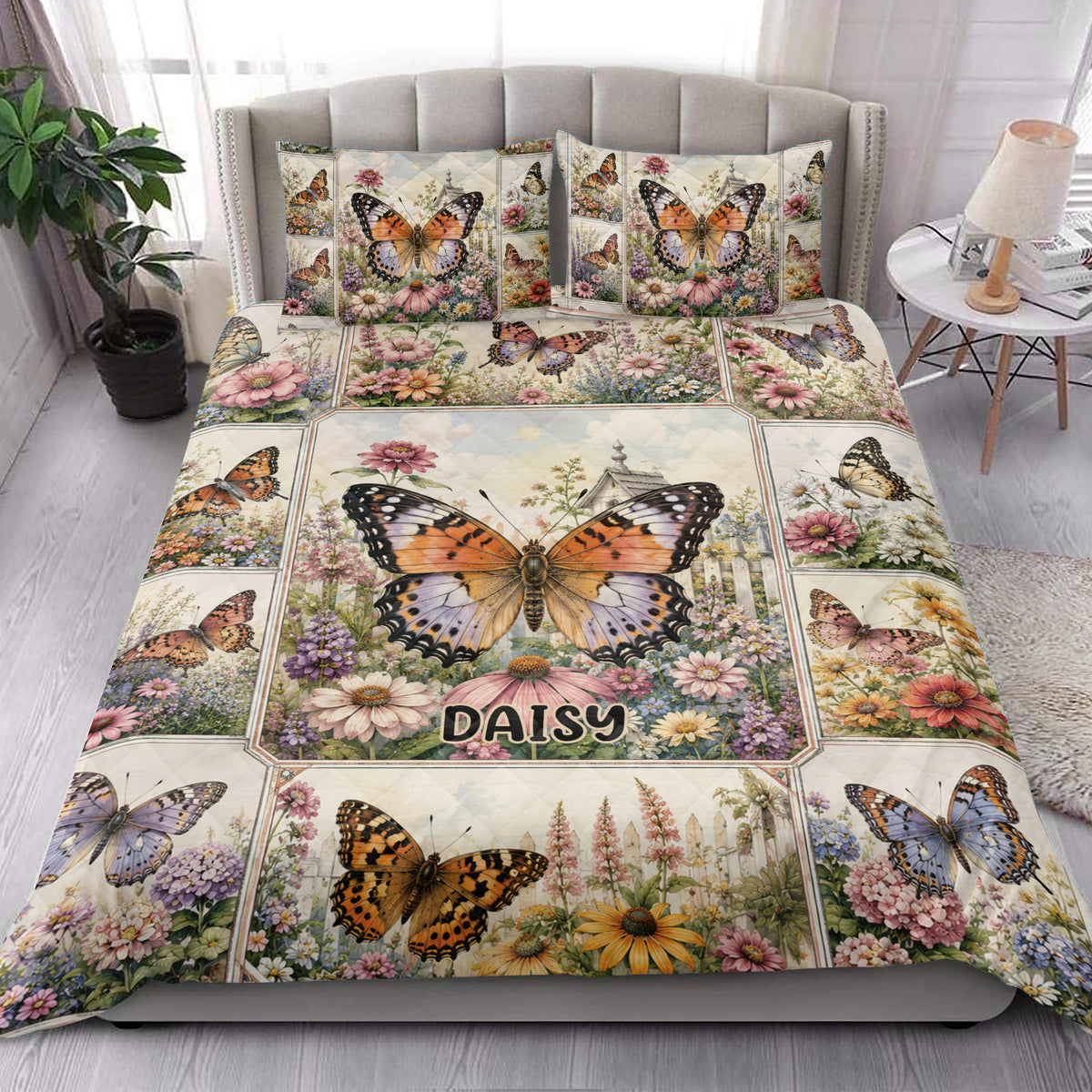 Butterfly quilt blanket styled on a bedroom bed with matching floral butterfly artwork