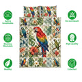 Parrot quilt bedding set shown with colorful macaws, tropical floral artwork, and product feature icons