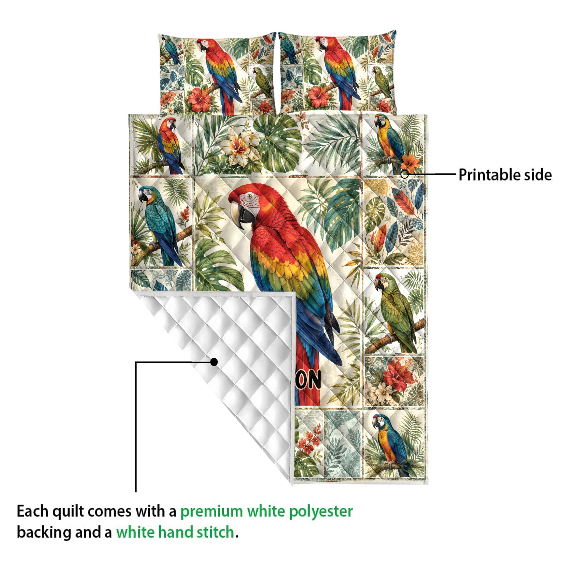 Parrot quilt blanket detail showing the printed tropical artwork and white quilted backing