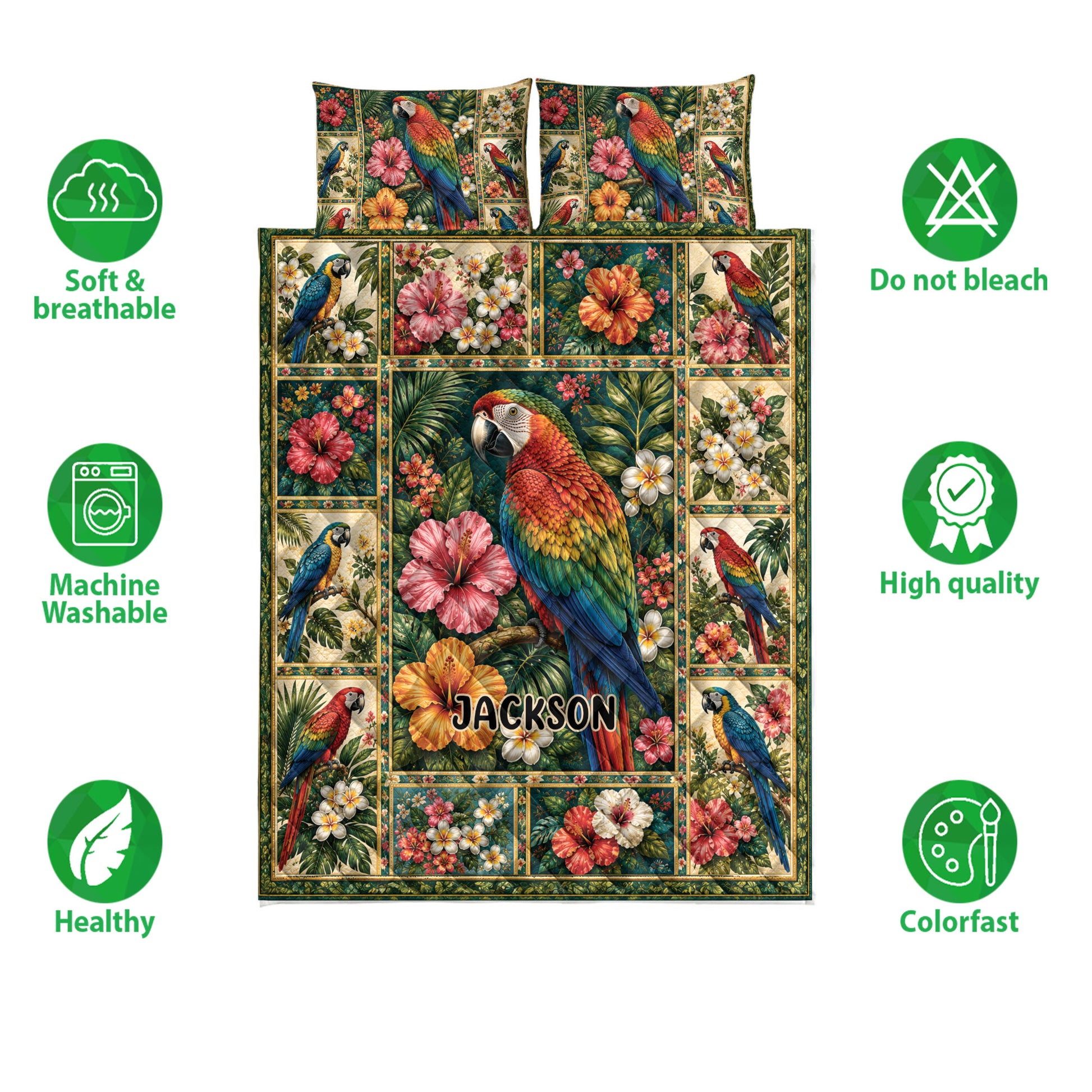 Parrot quilt bedding set shown with tropical floral artwork and soft breathable bedding features